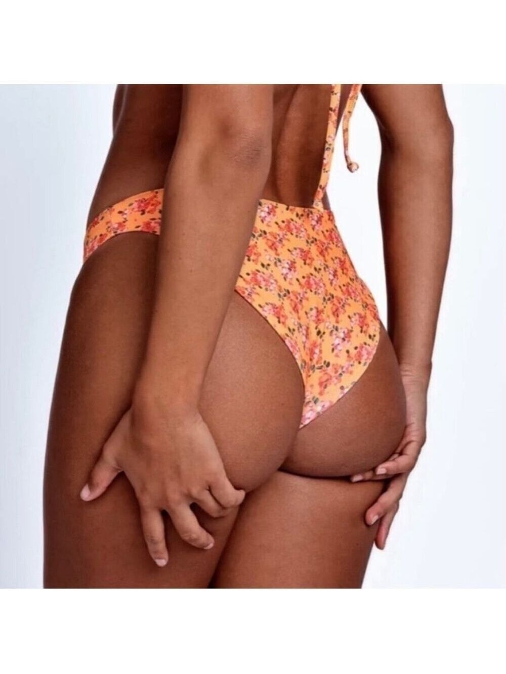 Skatie Cheryl Bottom in HANALEI Orange Floral Print Cheeky Bikini Bottoms XS